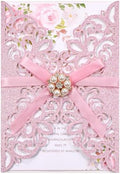 25 PCS Pink Personalized Glitter Laser Cut Wedding Invitation Pockets by HomeKitchen