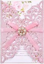 25 PCS Pink Personalized Glitter Laser Cut Wedding Invitation Pockets by HomeKitchen