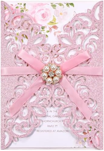 25 PCS Pink Personalized Glitter Laser Cut Wedding Invitation Pockets by HomeKitchen