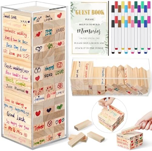 80 Wedding Guest Book Alternative tumbling tower Wooden Block, Greenery by Beeveer