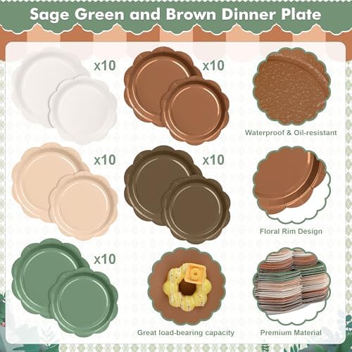 350 Pcs Woodland Baby Shower Party Supplies Set - Sage Green and Brown Paper Plates and Napkins Set Include Scalloped Paper Plate Napkin Cup Spoon Fork Knife for Safari Jungle Baby Shower Decorations - Image 4