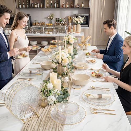 Rubtlamp 700Pcs Gold Plastic Dinnerware Set, Hammered Clear Gold Plates, Fancy Plastic Plates Include 100 Dinner Platos,100 Salad Platos,100 Cups,100 Pack Pre Rolled gold plastic Silverware - Image 5