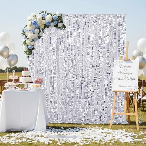 Silver Sequin Backdrop Curtain 2 Panels 2ftx8ft 18mm Glitter Shimmer Background Drapes for Wedding Party Baby Shower Photo Booth Decorations - Image 3