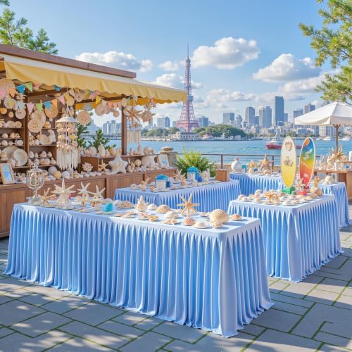 6 Packs Blue Satin Tablecloths Rectangle 8FT,Glitter Spandex Fitted Stretch Table Covers Wrinkle-Resistant Floor Length Shimmer Pleated Table Skirt for Wedding Parties Baby Shower Banquets - Image 7