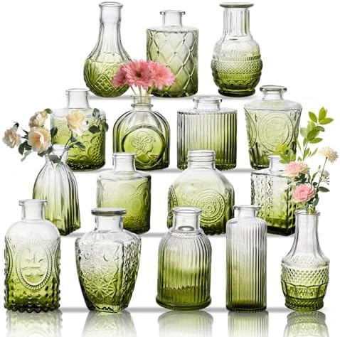 Glass Bud Vase Set of 16, Small Flower Vases, Glass Vases for Centerpieces, Vintage Home Table Decorations Bud Vases (16 Pcs, Green) by BJONKZ