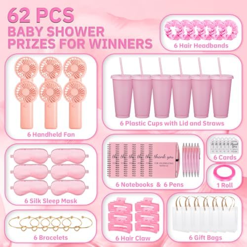 62Pcs Baby Shower Prizes for Guest Winners Handheld Fan Party Favor Set Thank You Gift with Plastic Tumbler,Notebooks,Hair Claw Gift Bags for Party Game Wedding Bridal Shower Favors (Pink, 6 Sets) - Image 2
