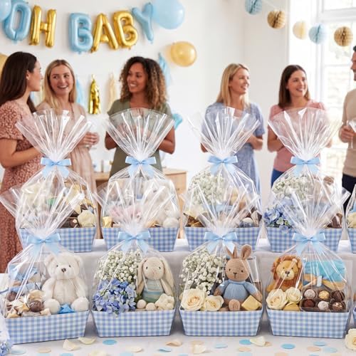 FoldTier 10 Pack Blue White Gingham Baskets for Gifts Empty 10" x 12" Thick Kraft Gift Basket with 10 Bows 10 Bags Empty Paper Baskets for Baby & Bridal Shower Wedding Birthday Party Wrapping - Image 5