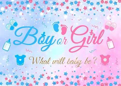 10x8 FT Gender Reveal Boy Or Girl Photo Backdrop He Or She What Will Baby Be Blue Pink Footprints Glitter Dots Star Party Decorations Photography Background Polyester - Image 7
