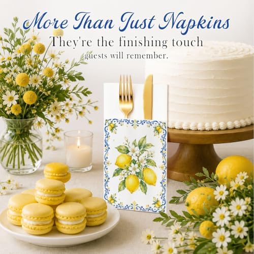 Italian Napkins,100 Pack Airlaid Paper Pocket Napkins,Lemon for Weddings - Image 3
