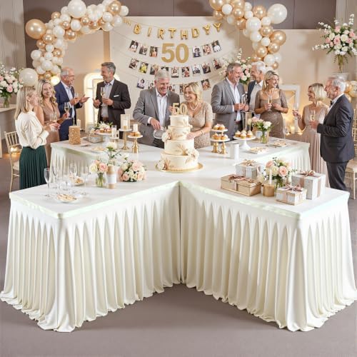4 Panels Ivory Desk Skirt for Teacher Desk 6ft Table Skirts for Rectangle Tables 6ft Spandex Curtain Table Skirt for Classroom Ruffle Fabric Tablecloth for Party Wedding Baby Shower Decorations - Image 2