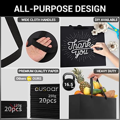 EUSOAR Large Black Gift Wrap Bags, 20pcs 12.5"x4.5"x11" Kraft Paper Black Shopping Bags with Handles Bulk,Retail Wrapping Bags for Business, Craft Grocery, Boutique, Party Favor, Wedding - Image 3