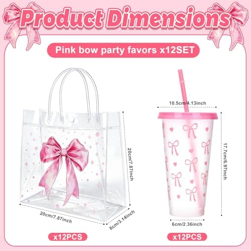 24 Sets Pink Bow Party Favors Includes 24 Oz Tumblers with Lids and Straws Pens Keychains Clear Gift Bags Coquette Aesthetic Gifts Set for Guests Bridal Baby Shower Birthday Party Supplies - Image 2