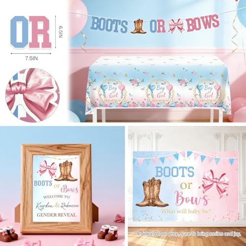 Boots or Bows Gender Reveal Decorations, Girl or Boy Themed Party Balloon Arch Kit Supplies Includes Balloons Banners Sash Badge Backdrop Topper Poster Balloon Boxes Tablecloth Marker 147 PCs - Image 5