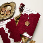 Burgundy Velvet Wedding Invitations, Elegant Flower Laser Cut Invitation with QR Code, Luxury Gold Wax Seals, Customizable Tri Fold Invitations Card (25pcs Customized Invitation) - Image 3