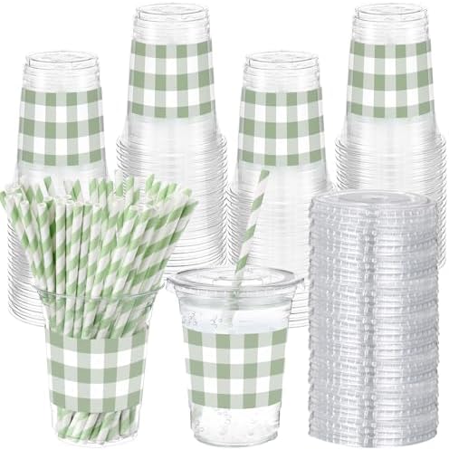 Sliner 50 Sets 16oz Sage Green Gingham Party Plastic Cups by Sliner