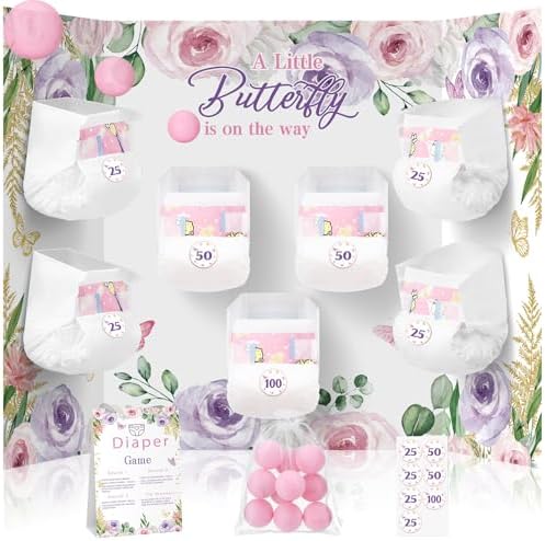 Ctosree 31 Pieces Butterfly Baby Shower Diaper Game 1 Diaper Baby Shower Game Board 7 Diapers 10 Plastic Balls 1 Organza Bag for Bridal Games Boy Girl by Ctosree