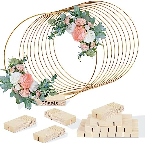 25 Set Gold Metal Floral Hoop Centerpiece with Wood Stand for Wedding Party by GUDELAK