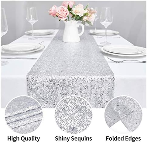 6PCS 12x72 Inch Sequin Table Runner Silver Glitter Table Runner for Party, Wedding, Bridal Baby Shower, Event Decorations（6PCS, 12x72 Inch, Silver） - Image 3