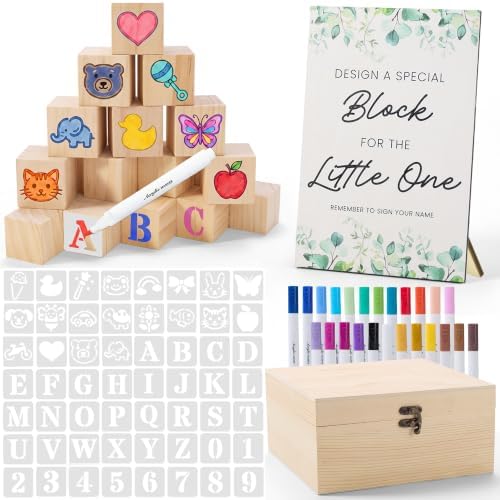 132 Pcs Baby Shower Game Blocks to Decorate, Includes 56 Stencils 50 Wooden Blocks 24 Acrylic Markers 1 Storage Box - Plain Wooden Blocks Great for Baby Shower Activities for Guests by Unknown
