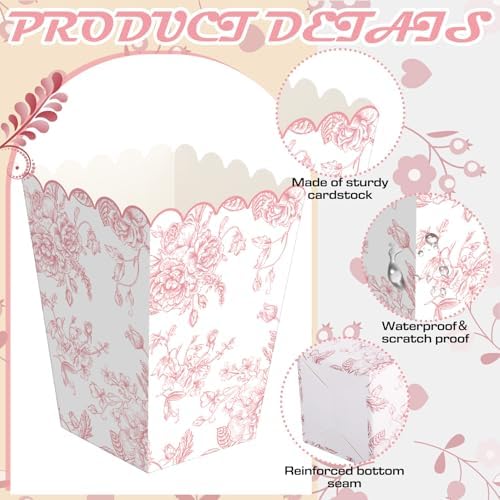 Gueevin 100 Pcs Pink Floral Popcorn Boxes with Scalloped for Party 5.5 x 10.5 x 7.5 cm Mini Paper Popcorn Containers Bulk for Wedding Movie Night Decorations Bridal Baby Shower Party Supplies - Image 5