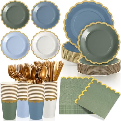 Mimorou 169 Pcs Dusty Blue and Sage Green Plates and Napkin Party Supplies by Mimorou