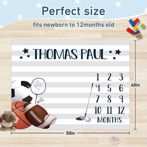 Personalized Baby Monthly Milestone Blanket Boy or Girl - Sport Theme Months Blanket with Wood Frame and Newborn Wooden Sign - Growth Chart Milestone Blanket 1-12 Month Milestones(FixedSize) - Image 3