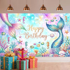 20X10Ft Mermaid Happy Birthday Backdrop Purple and Pink Princess Girls Birthday Party Decorations Starfish Shells Ocean Girls Baby Shower Banner Cake Smash Decor Photo Booth Props - Image 3