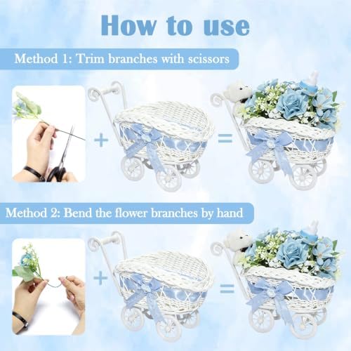 4 Pack Baby Carriage for Baby Shower Centerpiece Table with Wicker Stroller Bottle Bear Cards Rattan Artificial Rose Hydrangea Baby's Breath Floral Card Holder Decoration(Blue&32pcs) - Image 7