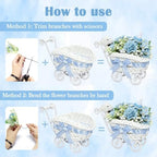 2 Pack Baby Carriage for Baby Shower Centerpiece Table with Wicker Stroller Bottle Bear Cards Rattan Artificial Rose Hydrangea Baby's Breath Floral Card Holder Decoration(Blue，16pcs) - Image 6