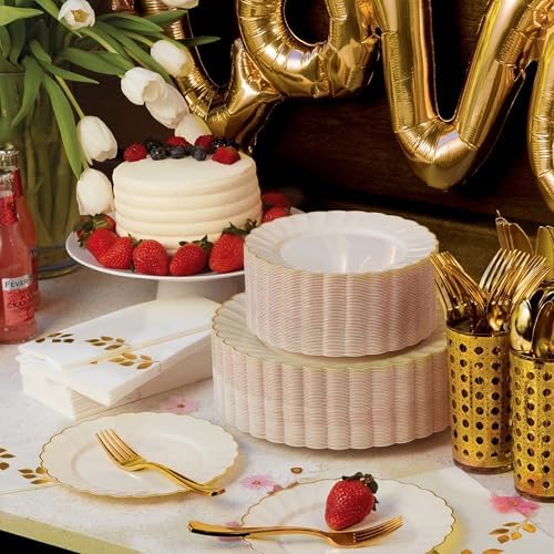 By Madee HEAVYWEIGHT Ivory Gold Scalloped Disposable Plates for Party 60 Pc - Image 6