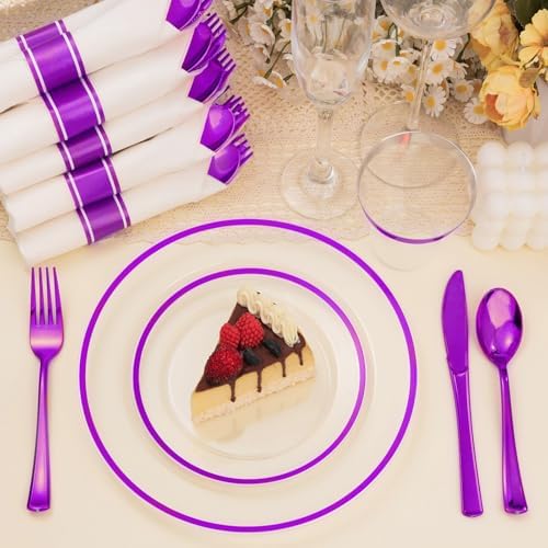 BESTSTAR 350 PCS Clear and Purple Disposable Plates Set for 50 Guests - Image 2