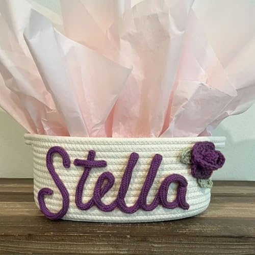Personalized Cute Small Woven Basket with Handles, Custom Cotton Rope Room Shelf Storage Basket, Empty Decorative Gift Basket, Decorative Round Bin for Nursery Bedroom Bathroom (Style B) - Image 2