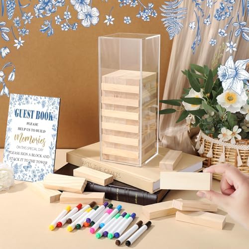80 Wedding Guest Book Alternative tumbling tower Wooden Block, Chinoiserie - Image 3