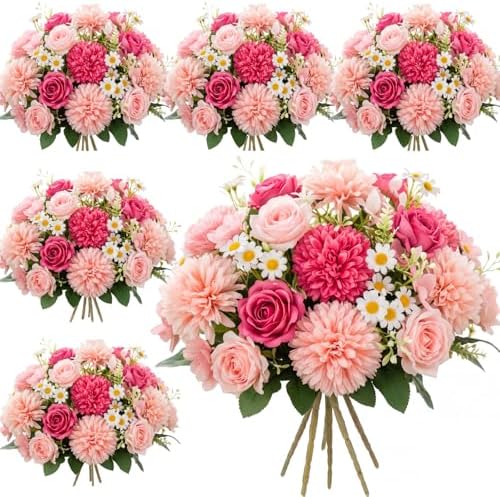 Tigeen 6 Bundles Artificial Flowers Bouquet for Wedding, Pink Magenta by Tigeen