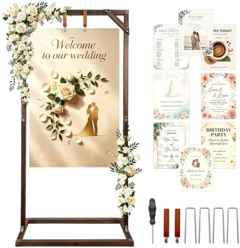 Wooden Welcome Sign Stand, Fixed Sign Holder , Wedding Welcome Sign Stand Wood Easel with Hanging Straps & Ground Stakes for Wedding decor, Birthday Party or Any Event, 63" x 30" x 11.8" by Unknown