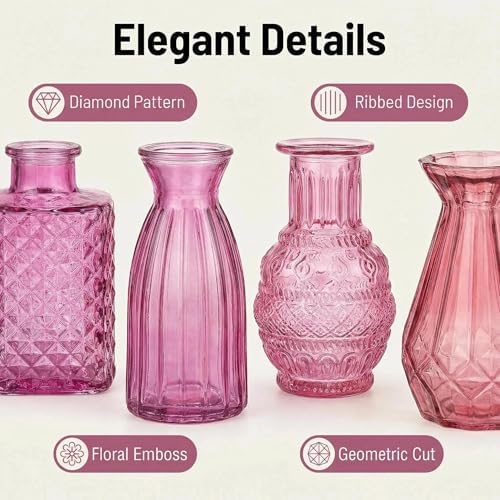 32 PCS Assorted Vintage Bud Vases, Colorful Glass Small Vases Bulk, for Centerpieces, Wedding Table Decor, Home Decorations & Gifts (Pink Seiris) - Image 3