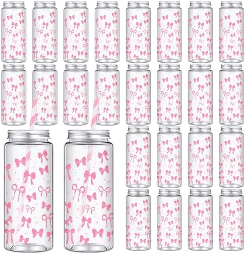Chuangdi 24 Sets 14 oz Pink Bow Bottles with Straws Party Jars Metal Lids by Chuangdi