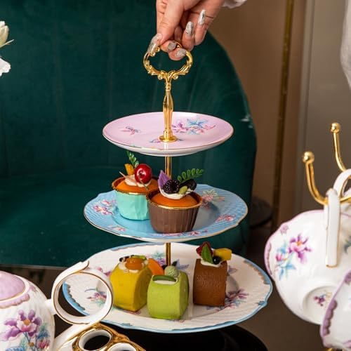 3 Tier Cupcake Stand, Bone China Tiered Tray Stand, Floral Dessert Cake Stand, 3 Tier Serving Tray with Gold Rod and Gold Trim, Porcelain Cupcake Tower Stand for Tea Party Birthday Party - Image 3