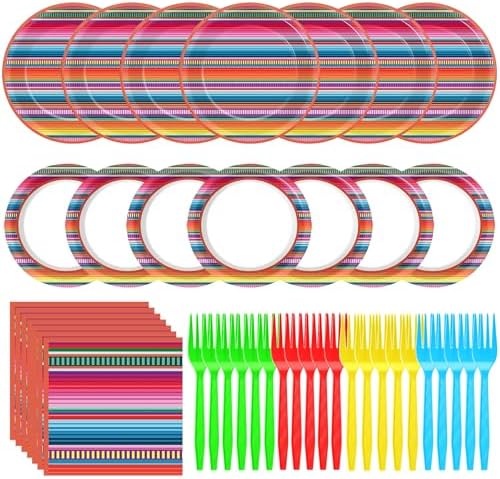 250 Pcs Mexican Fiesta Plates and Napkins, 50 Guests Disposable Mexico Serap Dinnerware Colorful Stripe Tableware Set for Cinco de Mayo Mexican Pinata Ponchos Party Supplies by LousuipPartySupplies
