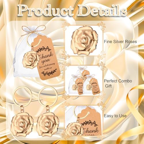 50PCS Gold Rose Flower Key Chains Flower Key Chains and Keyrings for Wedding Party Favors Creative Gifts Decorations or Bridal Shower Keepsakes Party Favors Roses Keychain Souvenirs Bulk - Image 3