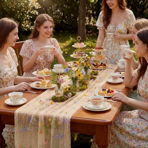 Champagne Floral Table Runner 10ft Embroidery Tulle Spring Wildflower Table Runner Seasonal Summer Butterfly Kitchen Dining Gauze Decoration for Wedding Baby Shower Birthday Party (3 Pcs) - Image 6
