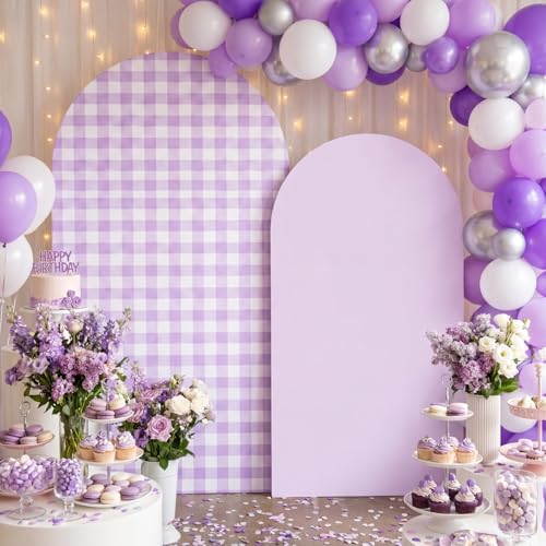 Tegeme 2 Set Gingham Arch Backdrop Cover 7.2ft 6.6ft Arch Cover, Purple - Image 3