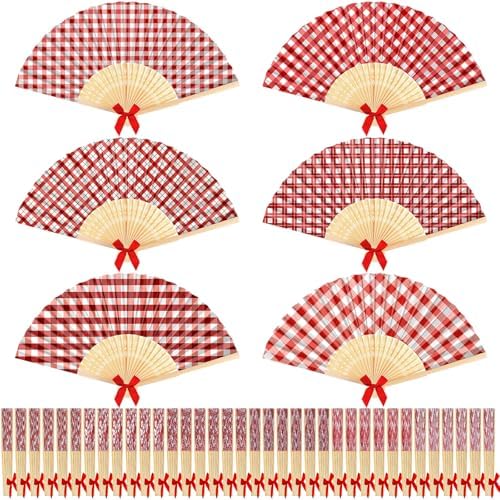 Roowest 36 Pcs Red Gingham Hand Fans Bulk, Checkered Picnic Paper Fans by Roowest