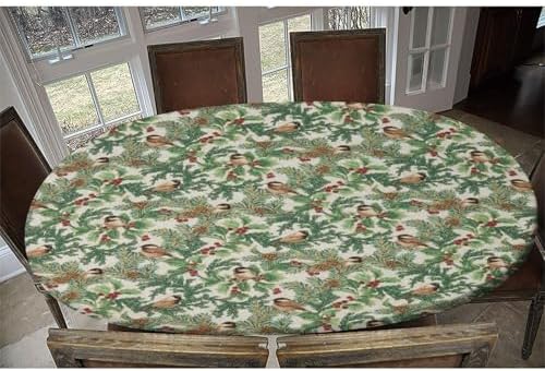 A Winter's Day Fabric Collection - Winter Chickadees White Print Oval Table Cloths Waterproof & Stain Resistant Elastic for Dining Camping Indoor and Outdoor Fits for 42" x 60" Oval Table - Image 6