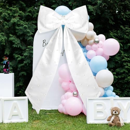 Giant White Bow with Pearl Wedding Wall Decor 40 x 24 Inch Oversized Coquette Large Bow Satin Ribbon Tie for Wedding Room Backdrop Decorations Birthday Party Holiday Supplies Outdoor Decor - Image 5