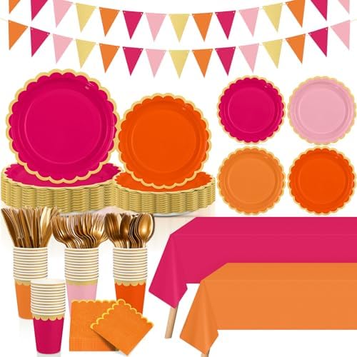 Mimorou 342 Pcs Pink and Orange Plates and Napkins Party Supplies by Mimorou