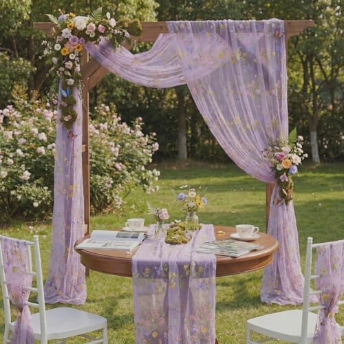 Purple Floral Table Runner 10ft Embroidery Tulle Spring Wildflower Gauze Table Runner Seasonal Summer Butterfly Kitchen Dining Decoration for Wedding Baby Shower Birthday Party (6 Pcs) - Image 5