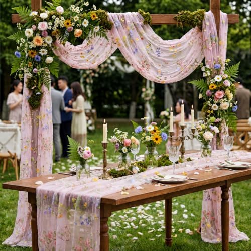 Pink Floral Table Runner 10ft Embroidery Tulle Spring Wildflower Gauze Table Runner Seasonal Summer Butterfly Kitchen Dining Decoration for Wedding Baby Shower Birthday Party (6 Pcs) - Image 5