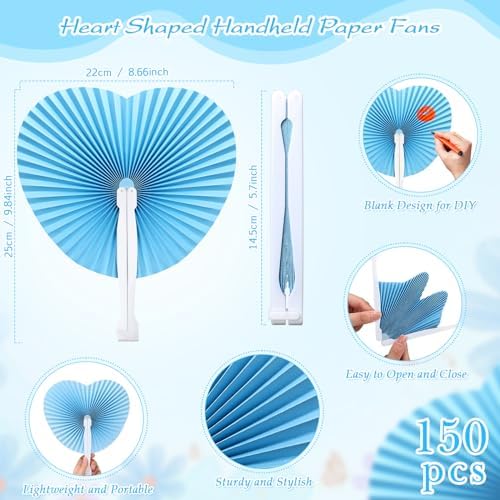 Unittype 150 Packs Heart Shaped Paper Fans for Wedding Guests,Baby Blue - Image 2