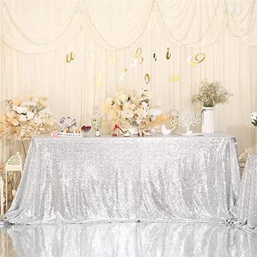 SquarePie Sequin Tablecloth 90x132 Inch Silver for Disco Wedding Party - Image 2
